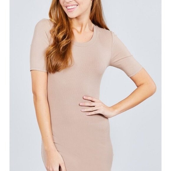 Active USA Small Ribbed Knit Scoopneck Khaki Dress - Picture 1 of 11